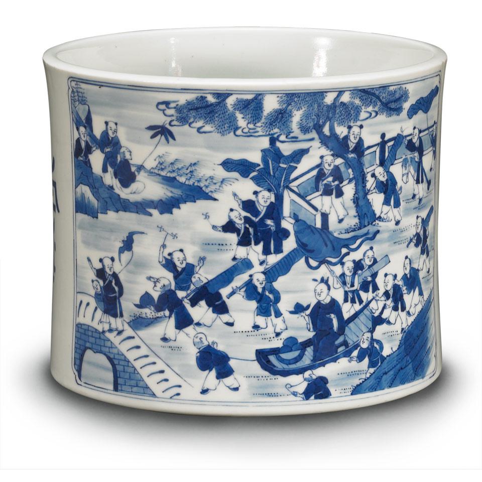 Blue and White ‘100 Boys’ Brushpot, Bitong, Qing Dynasty, Probably Kangxi Period (1664-1722)