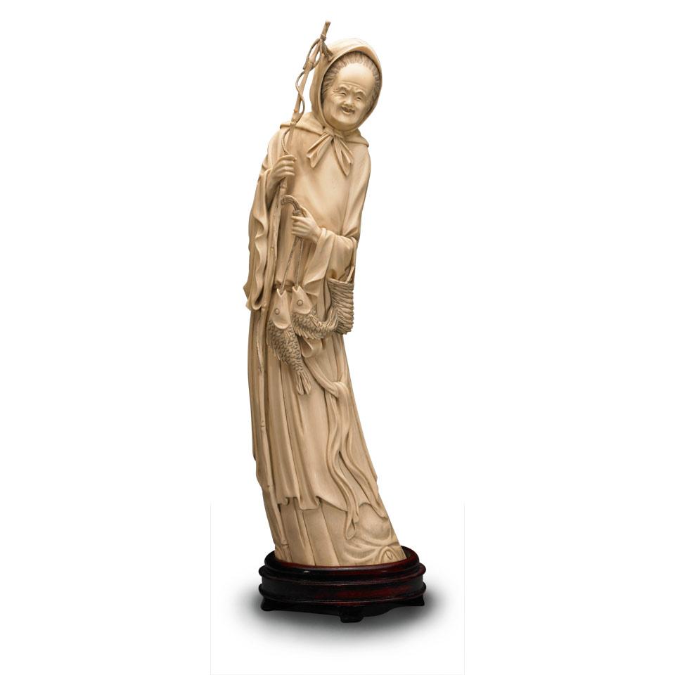 Large Ivory Carved Old Woman, 20th Century