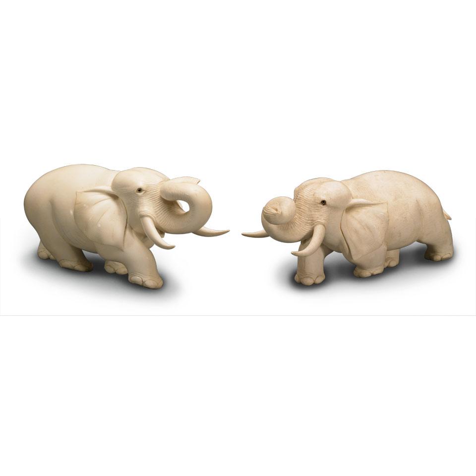 Pair Ivory Carved Robust Elephants, 20th Century
