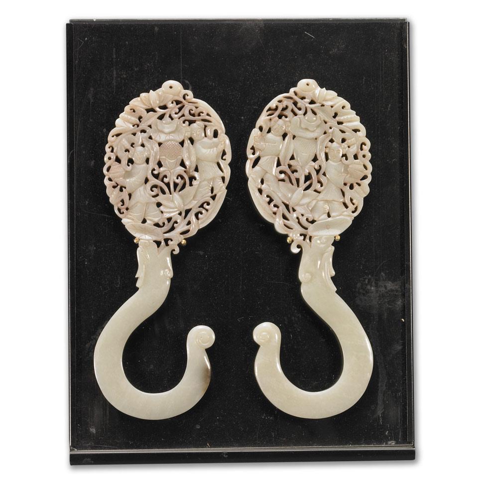 Pair Pale Celadon Mosquito Net Hooks, Qing Dynasty, Early 20th Century