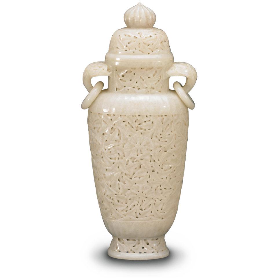 Pale Celadon Pierced Jade Vase and Cover, Qing Dynasty, 19th/20th Century