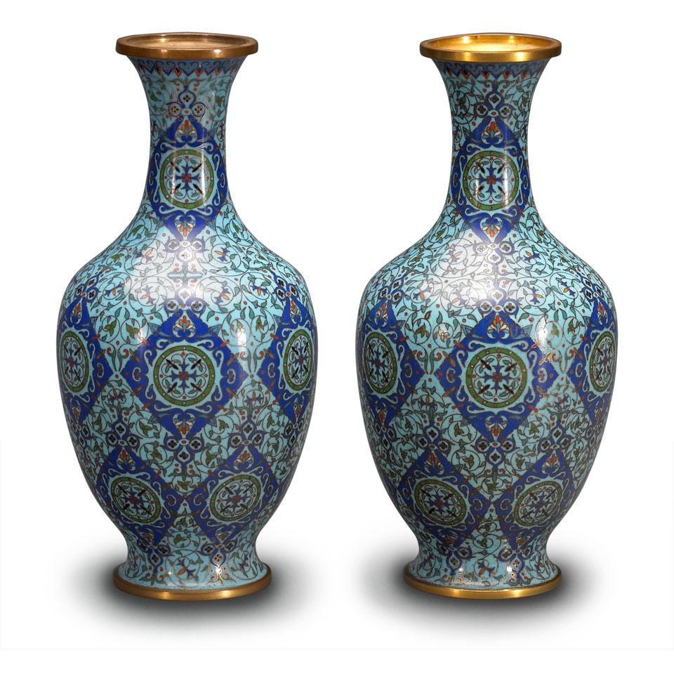 Pair of Powder Blue Ground Cloisonné Vases, Early 20th Century