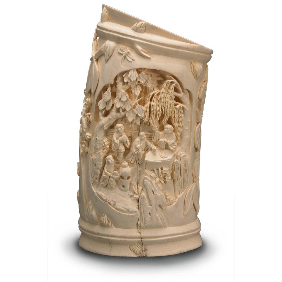 Large Ivory Carved Decorative Brushpot, 20th Century