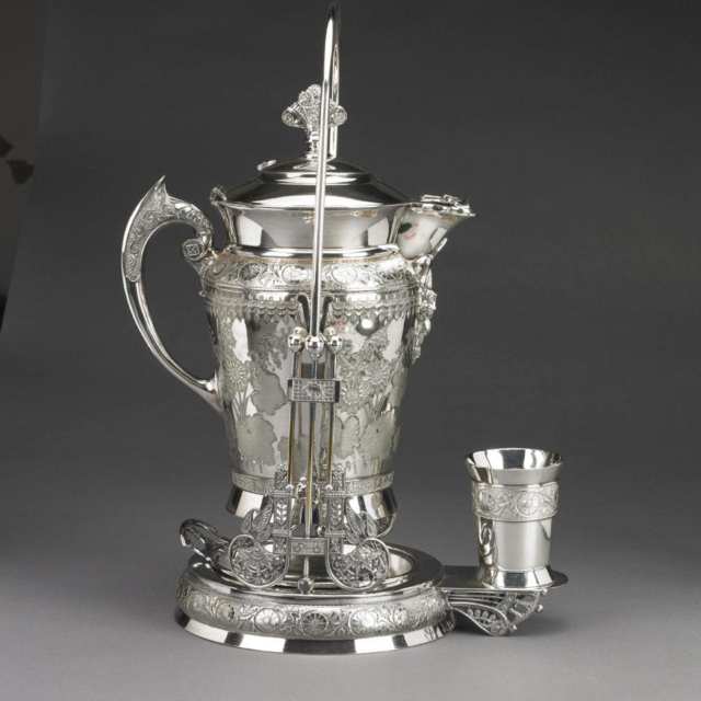 American Silver Plated Iced Water Jug on Stand with Beaker, Meriden Silver Plate Co., Meriden, Ct., c.1880