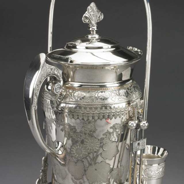 American Silver Plated Iced Water Jug on Stand with Beaker, Meriden Silver Plate Co., Meriden, Ct., c.1880