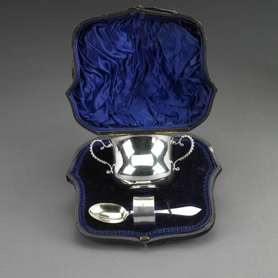 Edwardian Silver Child’s Two-Handled Cup, Napkin Ring and Spoon, James Wakely & Frank Clarke Wheeler, London, 1904