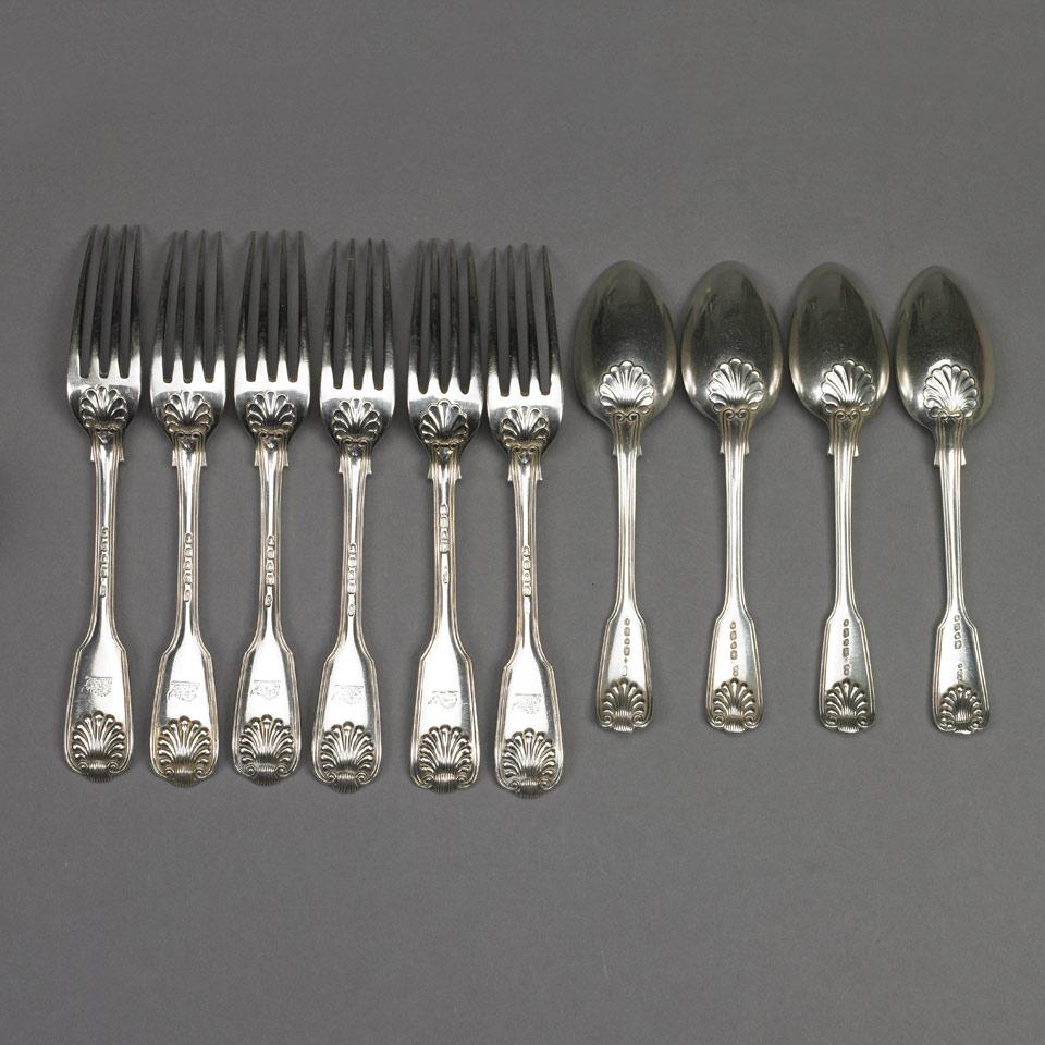 Six Victorian Silver Fiddle, Thread and Shell Pattern Table Forks and Four Dessert Spoons, Elizabeth Eaton, London, 1845