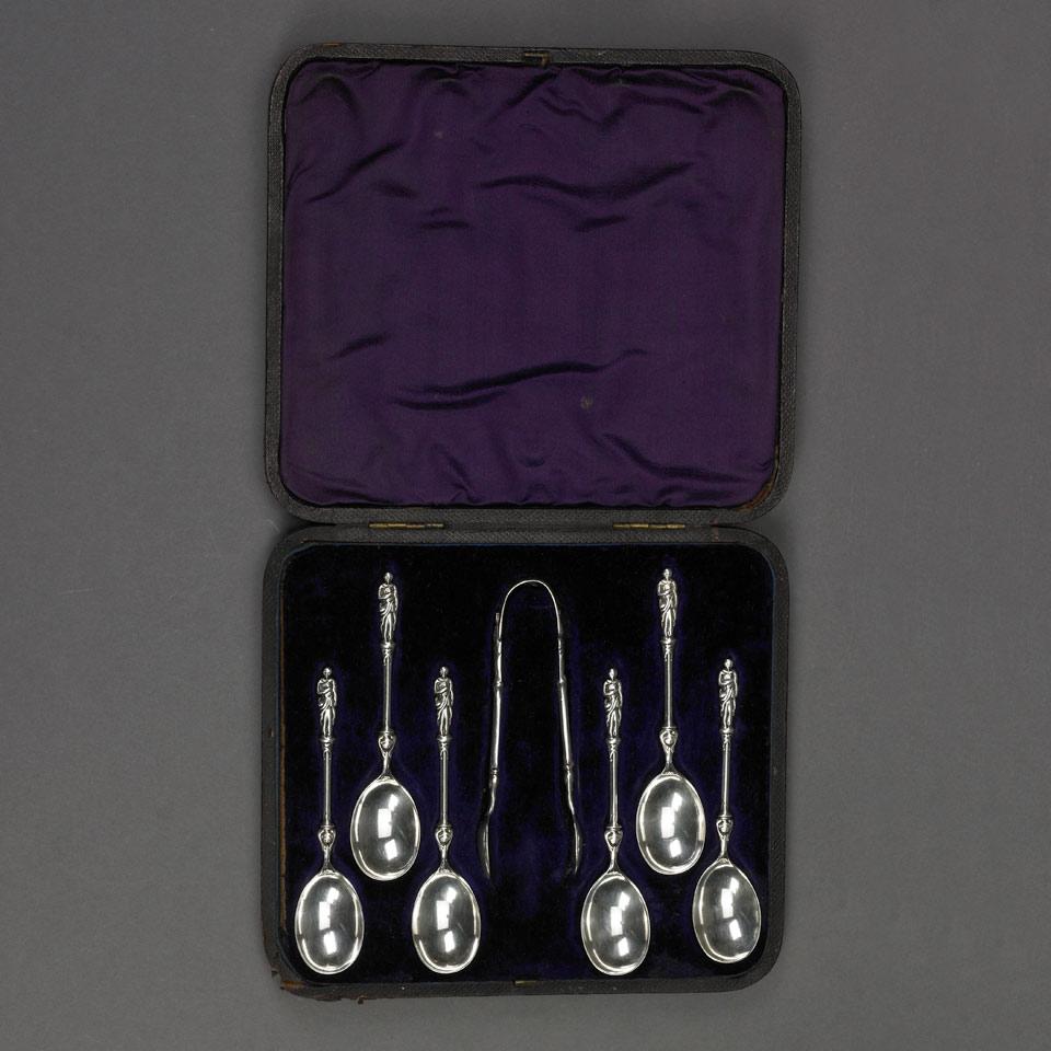 Six Victorian Silver Apostle Coffee Spoons and Pair of Sugar Tongs, Thomas Hall, Sheffield, 1876