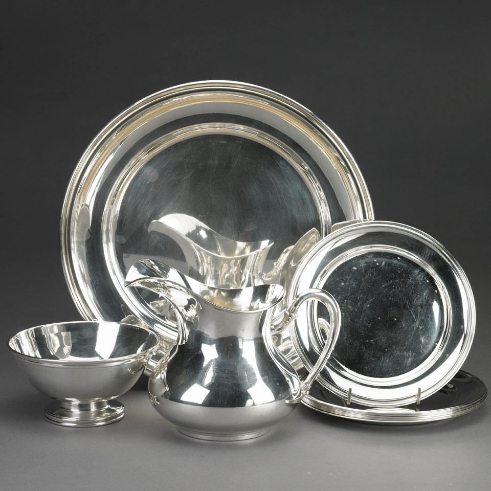 Italian Silver Circular Platter, Six Side Plates, Footed Bowl and a Pitcher, 20th century