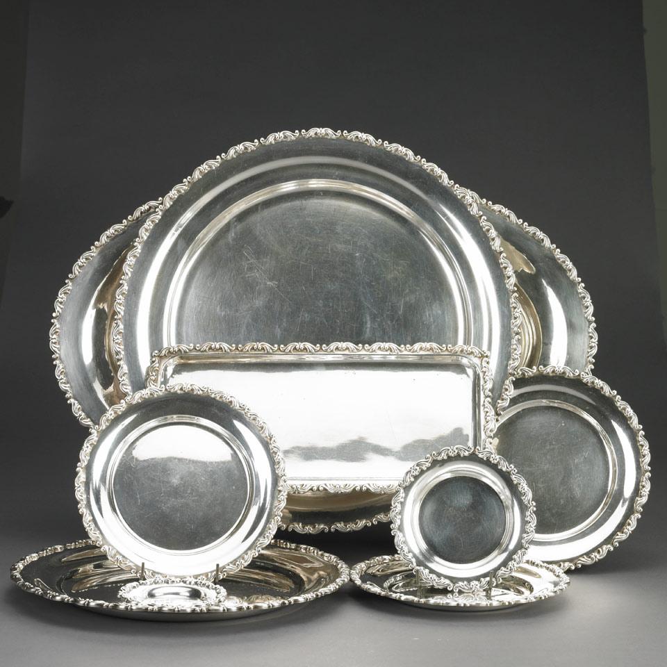 Suite of Nine Egyptian Silver Platters and Trays, Cairo, mid-20th century   