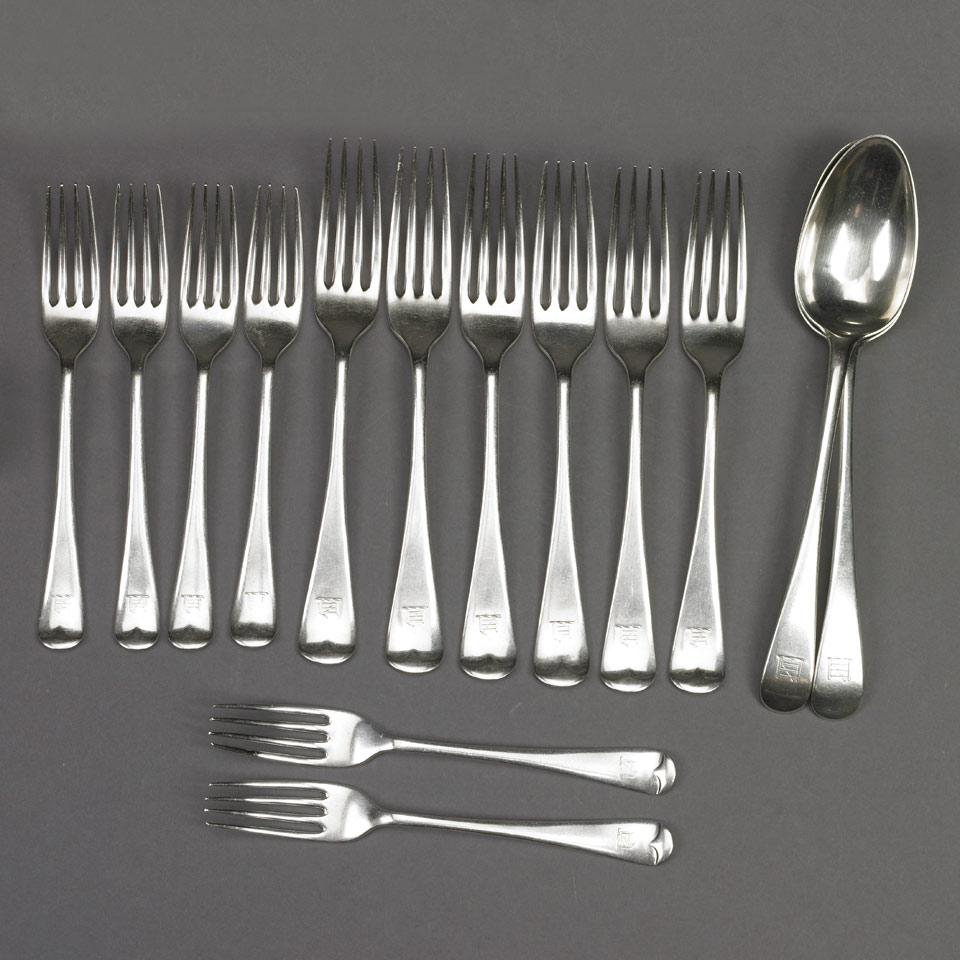 Pair of George III Silver Old English Pattern Table Spoons, Richard Crossley, London, 1791, together with Six Late Victorian Table Forks and Six Dessert Forks, Mappin & Webb, Sheffield, 1898