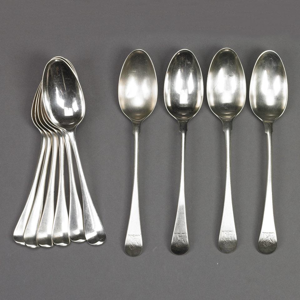 Ten Mid-Georgian Silver Hanoverian and Old English Pattern Table Spoons, Ebenezer Coker, London, 1753 (six) and Richard Rugg, London, 1762 (four)