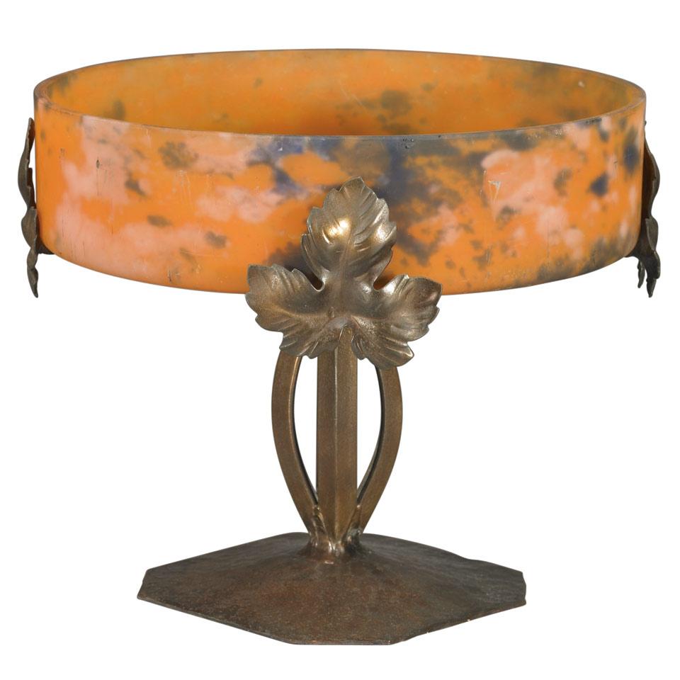 Arts and Crafts Mottled Glass and Coppered Wrought Iron Tazza, c.1900