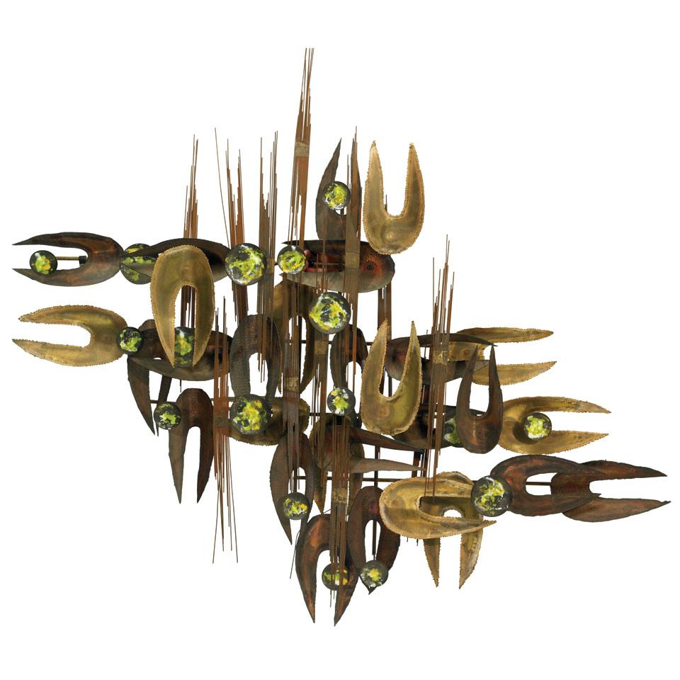 Enamelled Copper, Sheet Brass and Steel Abstract Wall Sculpture, c.1970