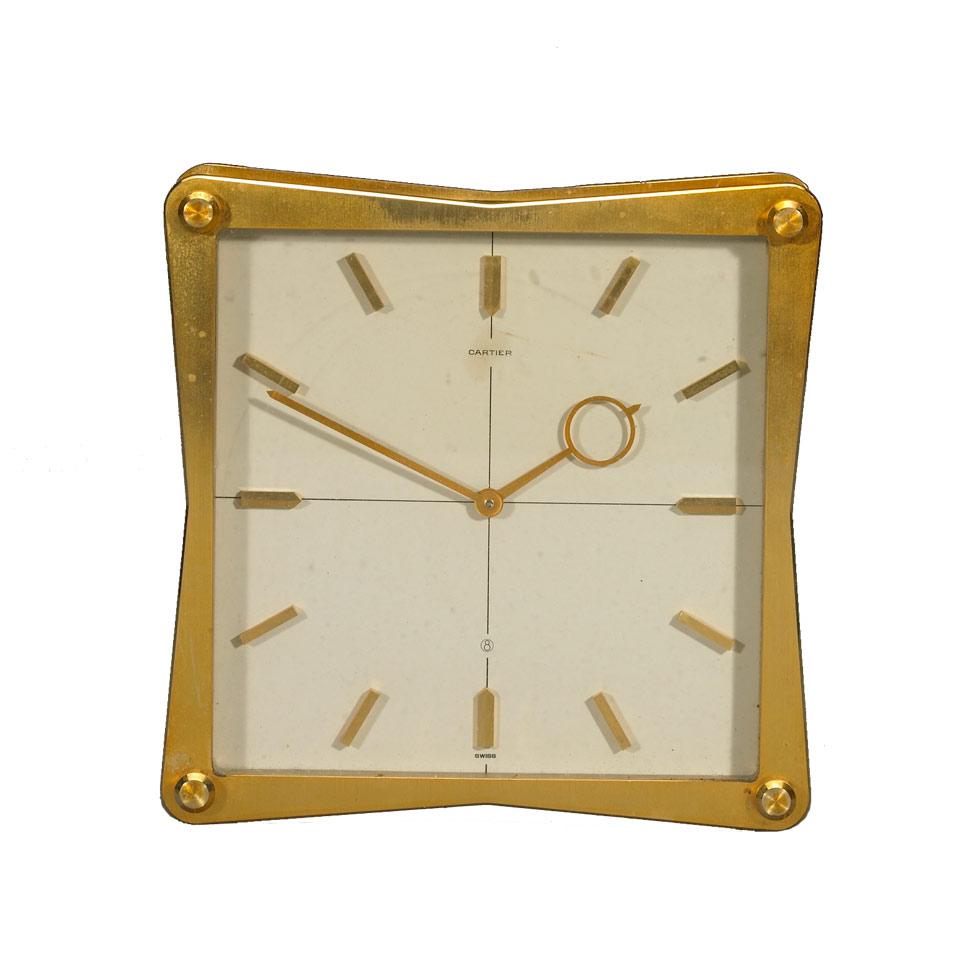 Cartier Swiss Gilt Brass and Glass Panel Eight Day Double Dial Desk Clock, c.1970