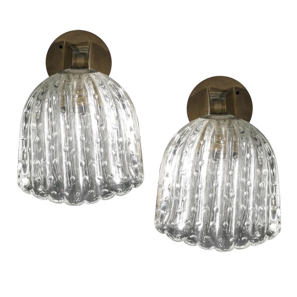 Pair Gilt Metal and Ribbed Bubble Glass Sconces, mid 20th century