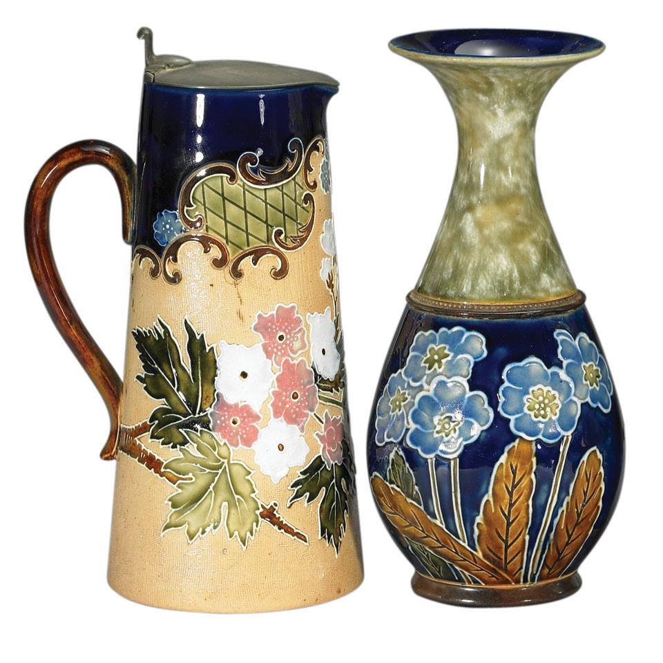 Two Royal Doulton Stoneware Jugs and Two Vases, late 19th/early 20th century