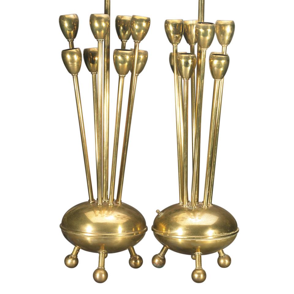 Pair Italian Art Moderne Gilt Brass 9-Light Table Lamps, c.1965