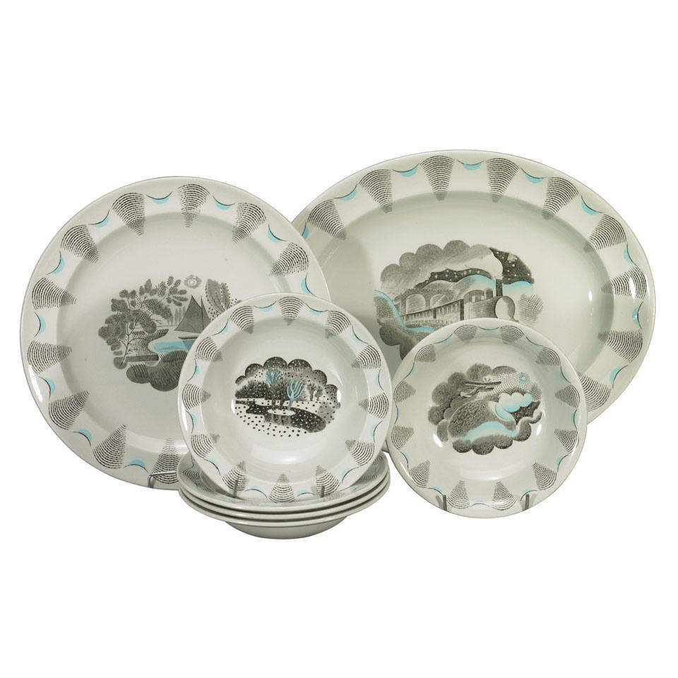Five Wedgwood ‘Travel’ Bowls, a Plate and a Platter, Eric Ravilious, c.1950