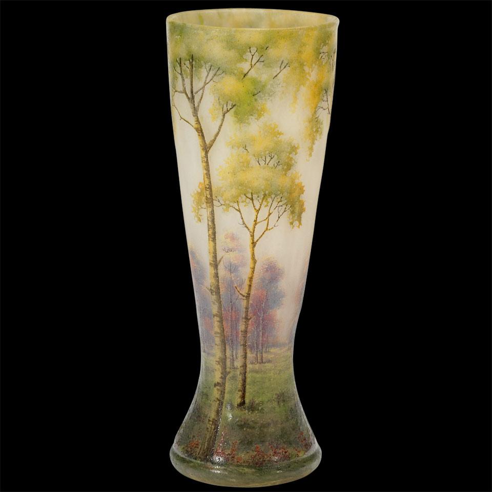 Daum Enameled Landscape Cameo Glass Vase, c.1900