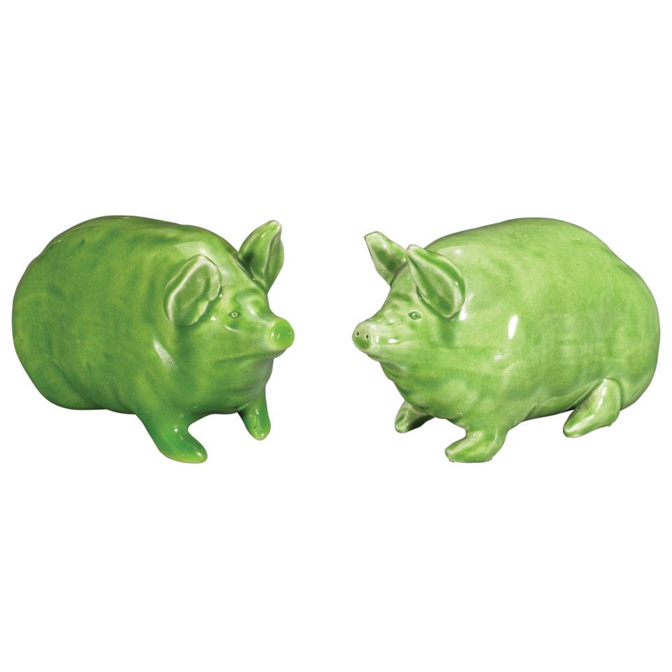 Two Wemyss Green Glazed Pigs, c.1900