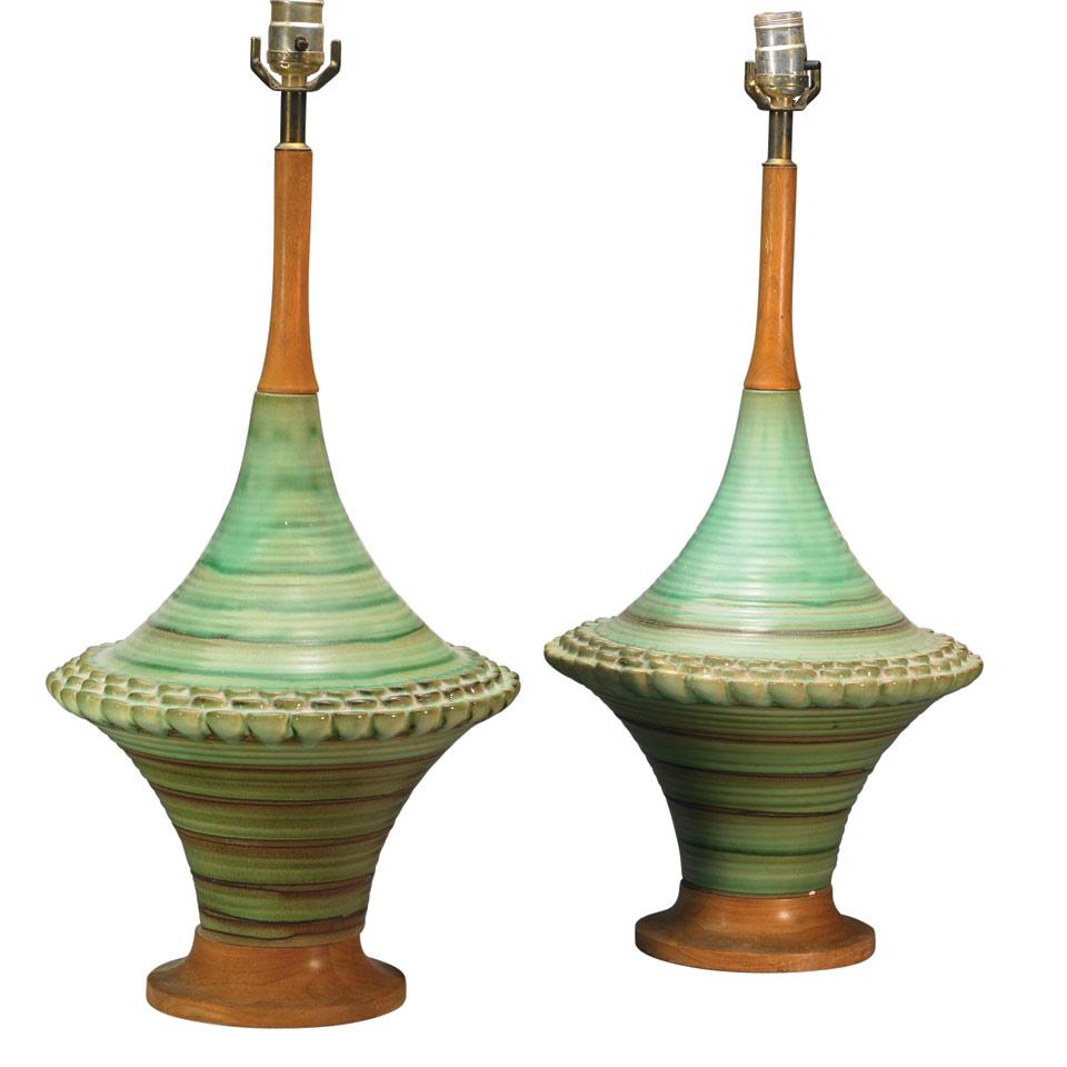 Pair of Art Moderne Ceramic and Walnut Table Lamps, c.1955