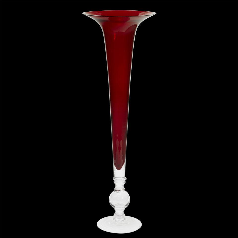 Italian Red Cased Glass Large Trumpet Vase, 20th century