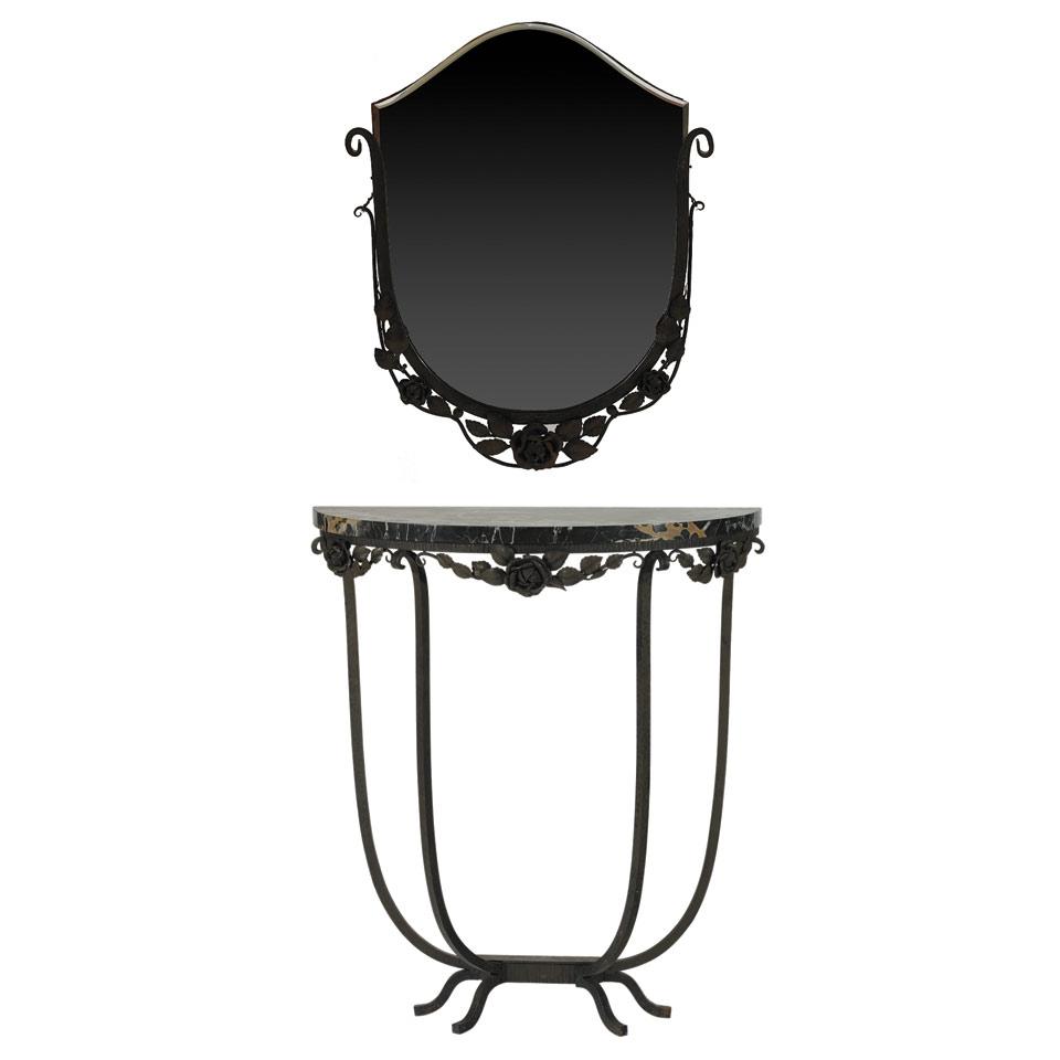 Art Deco Wrought Iron Marble Top Console Table with Mirror, c.1920