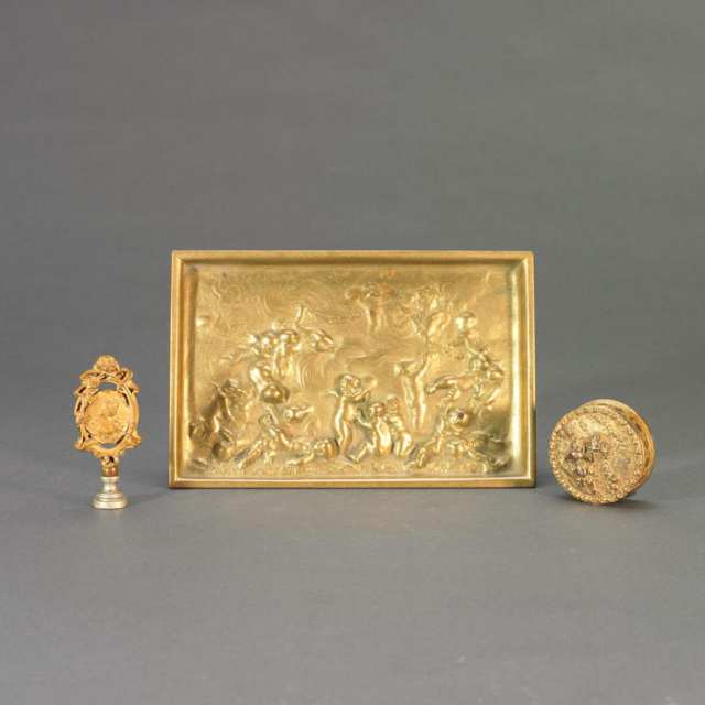 Three French Gilt Bronze Pieces: Small Dresser Tray Together With Pill Box and Desk Seal, early 20th century