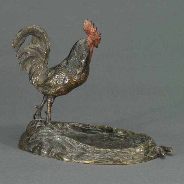 Austrian Cold Painted Bronze Rooster, Modelled Standing Over Nest Form Tray, c.1900