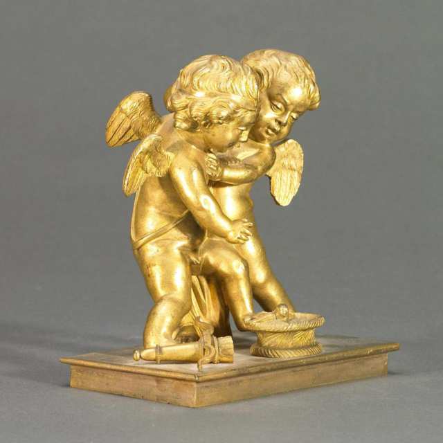Small 19th century French Gilt Bronze Group of Cupid and a Putto Wrestling over Bird’s Nest, 19th century