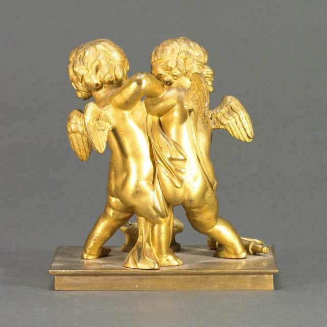 Small 19th century French Gilt Bronze Group of Cupid and a Putto Wrestling over Bird’s Nest, 19th century