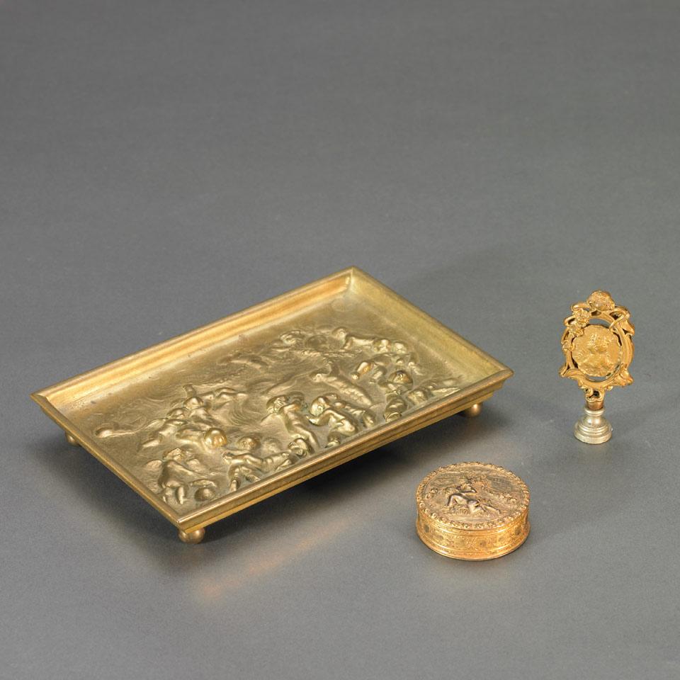 Three French Gilt Bronze Pieces: Small Dresser Tray Together With Pill Box and Desk Seal, early 20th century