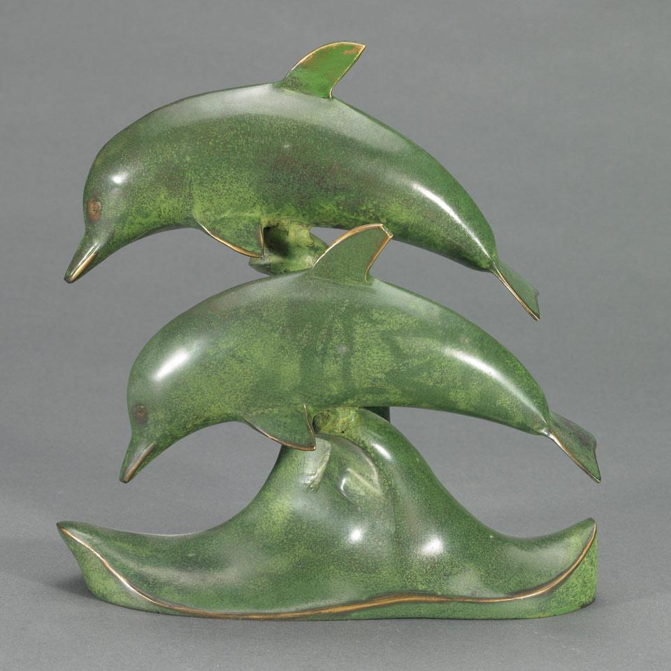 Arte Modern Patinated Bronze Group of Two Dolphins Over Cresting Waves, mid 20th century
