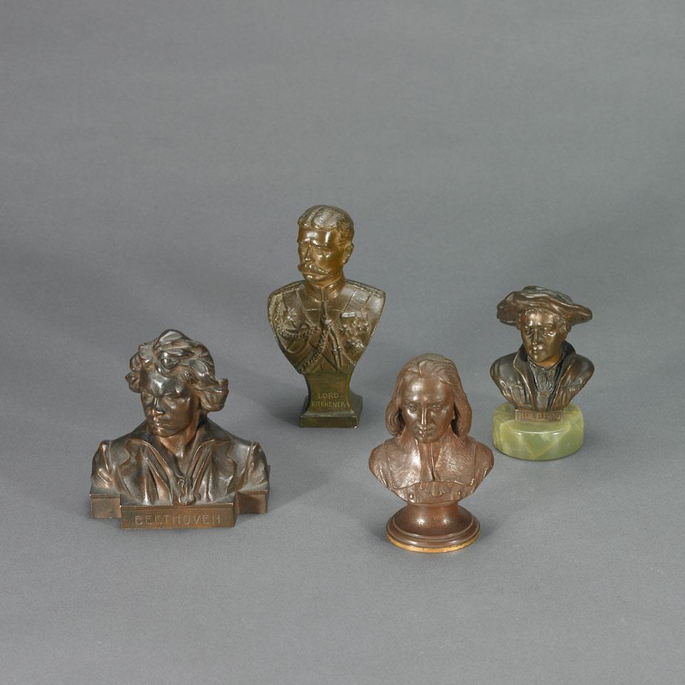 Group of Four Small Patinated Bronze Portrait Busts, late 19th/early 20th centuries