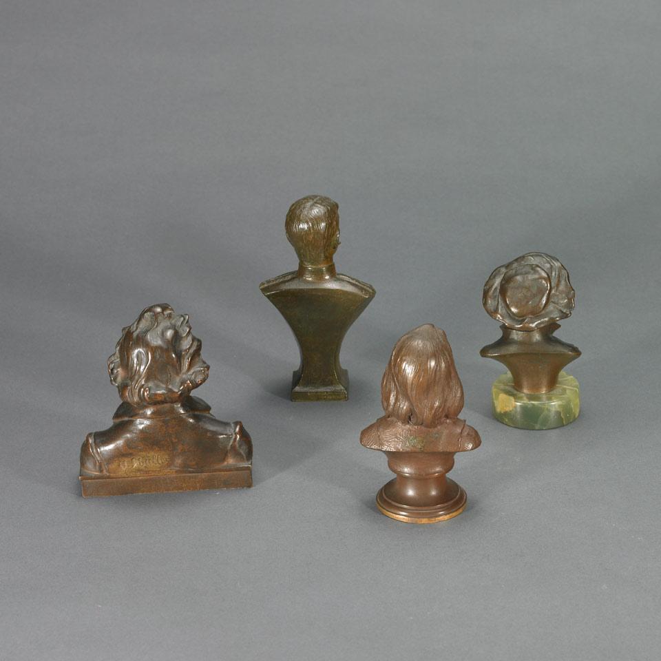 Group of Four Small Patinated Bronze Portrait Busts, late 19th/early 20th centuries