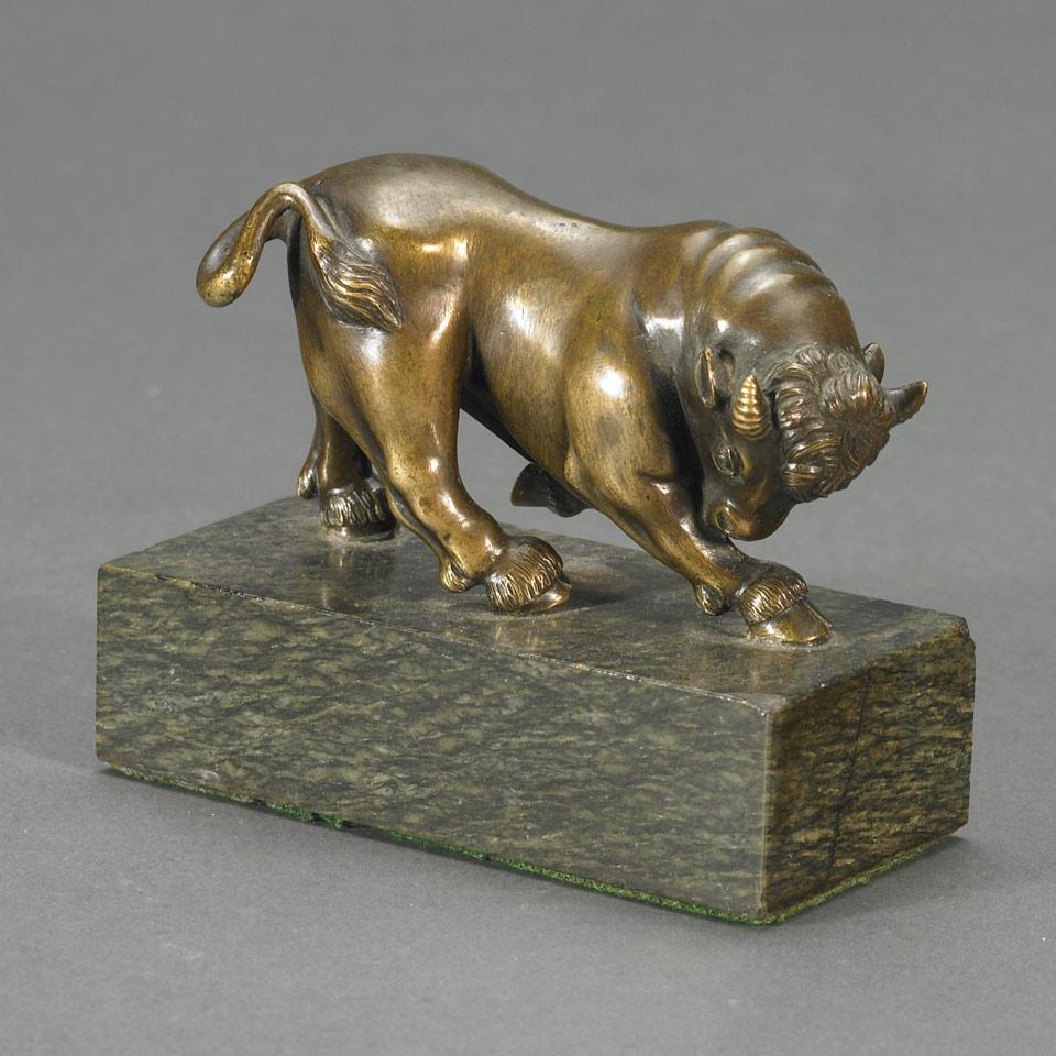 Stylized Small Patinated Bronze Figure of a Bull, mid 20th century