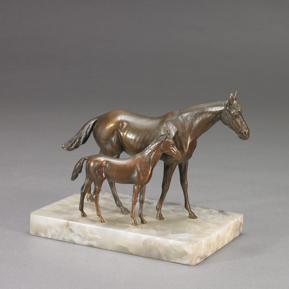 Small Austrian Patinated Bronze Equestrian Group of Mare and Foal, c.1920
