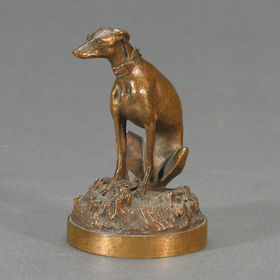 Small French School Patinated Bronze Figure of a  Whippet Seated on a Naturalistic Base, 19th century