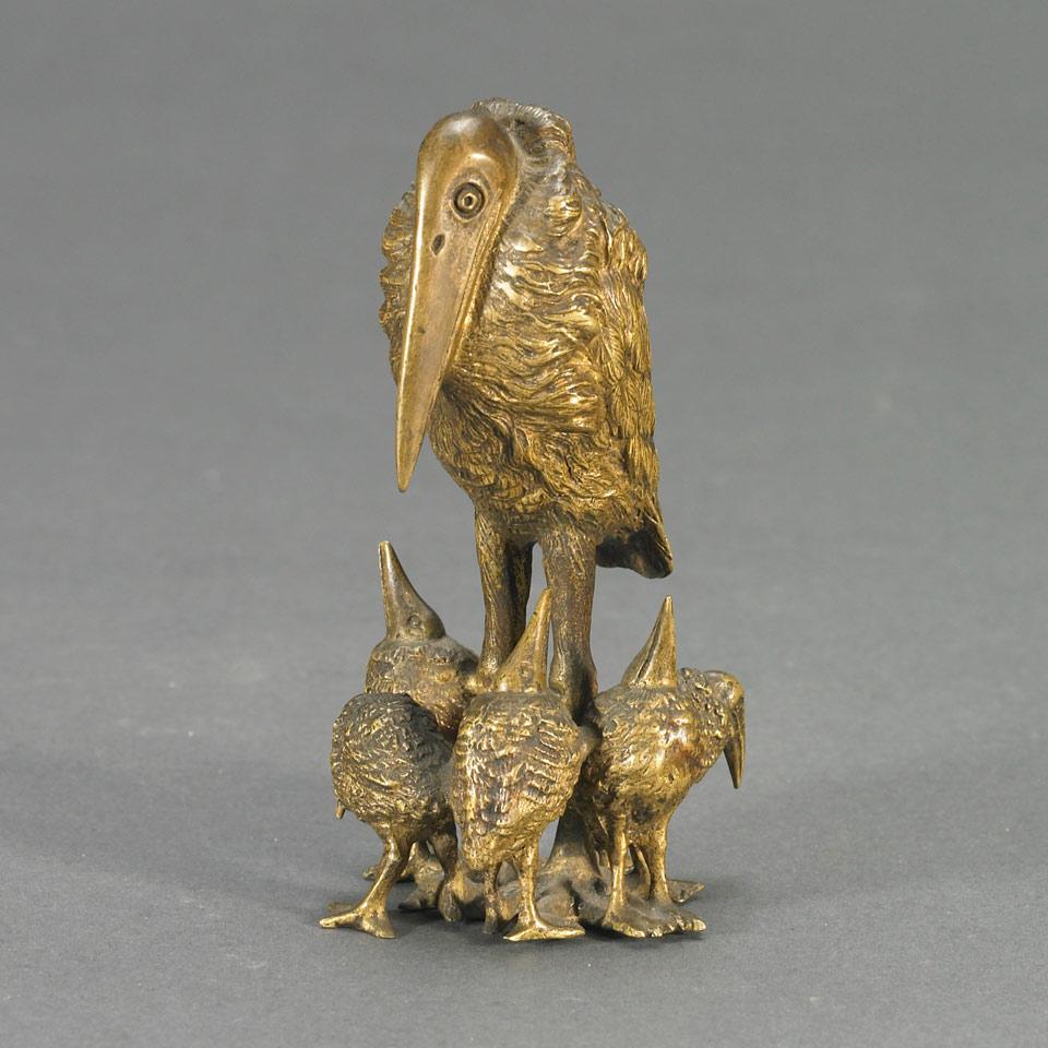Small Austrian Gilt Bronze Group of Marabou Stork Surrounded by Her Five Chicks, c.1920