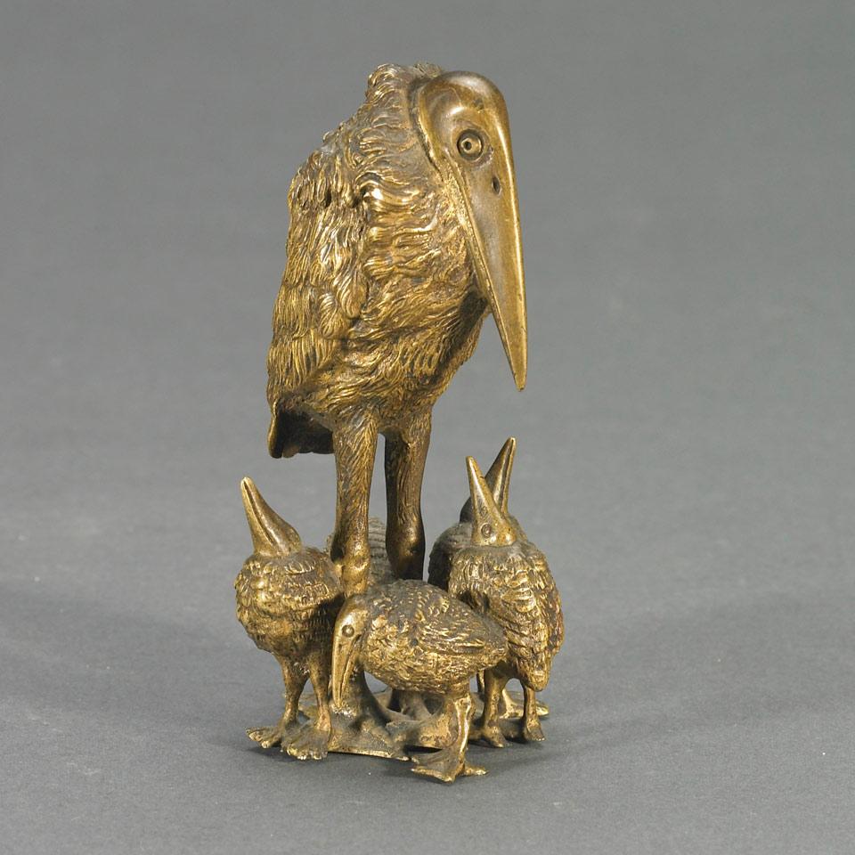 Small Austrian Gilt Bronze Group of Marabou Stork Surrounded by Her Five Chicks, c.1920