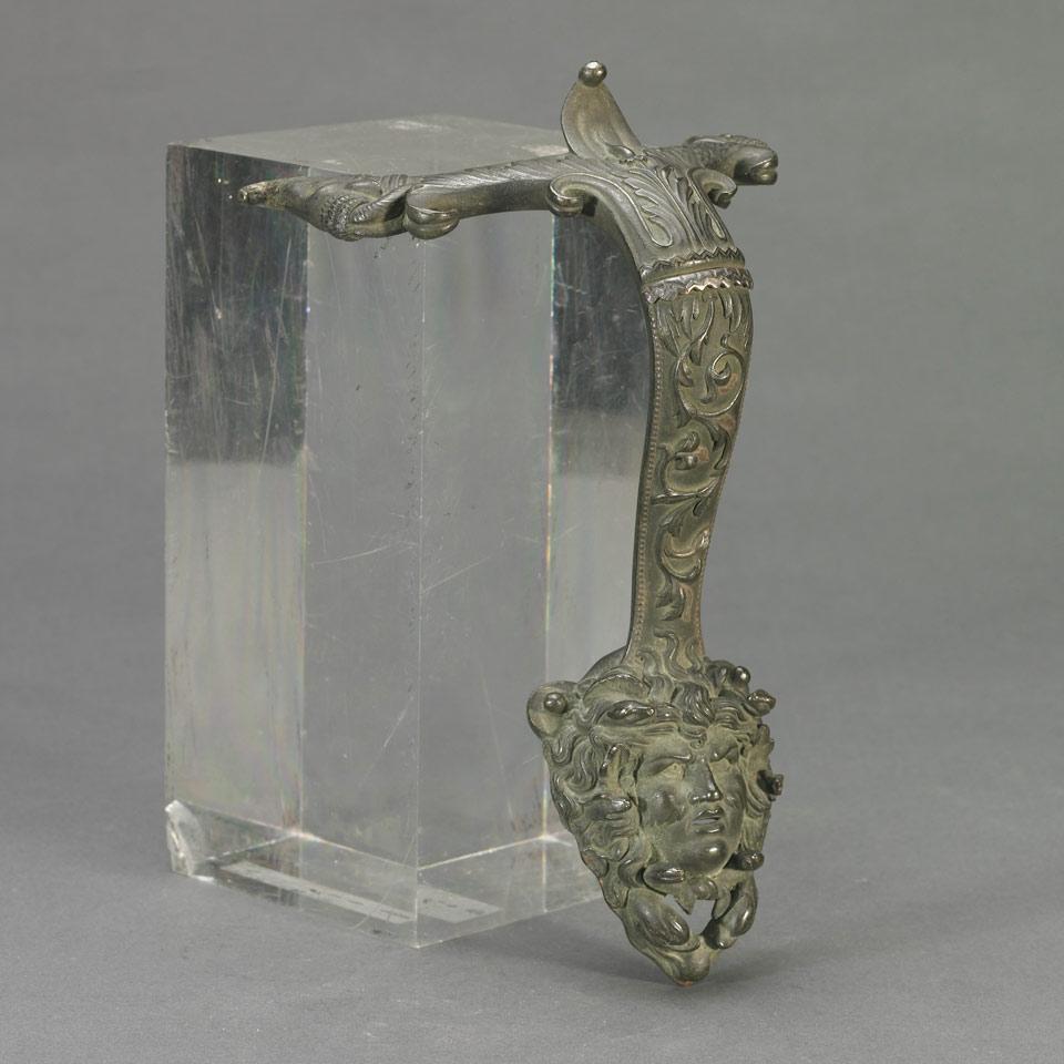 After the Ancient, Grand Tour Roman Patinated and Silver Inset Bronze Olpe (Jug) Handle, 19th century