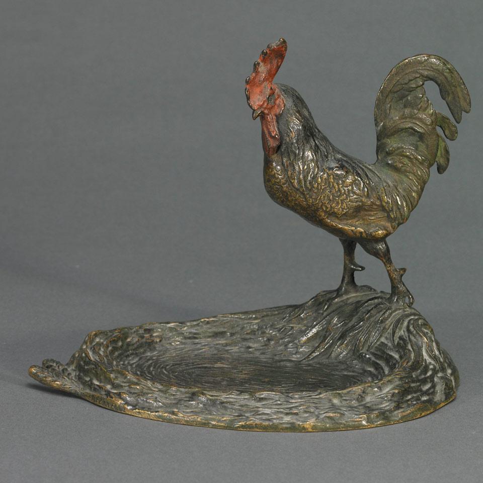 Austrian Cold Painted Bronze Rooster, Modelled Standing Over Nest Form Tray, c.1900