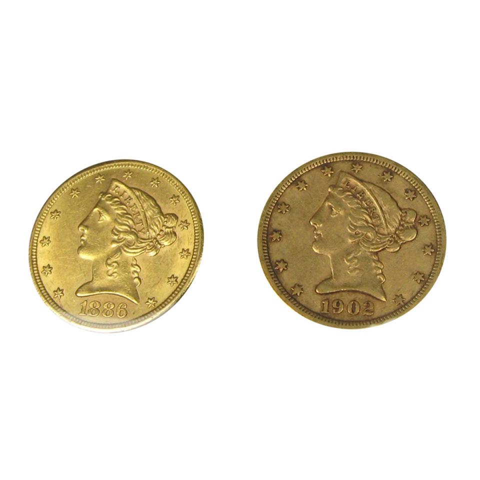 2 x American $5 Gold Half Eagle Coins