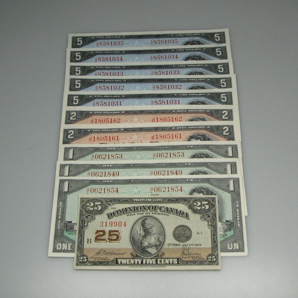 Canadian 1954 $1 (3), $2 (2) and $5 (5) Bank Notes