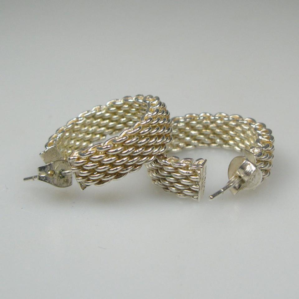 Pair Of Tiffany & Co. Sterling Silver Mesh Hoop Earrings