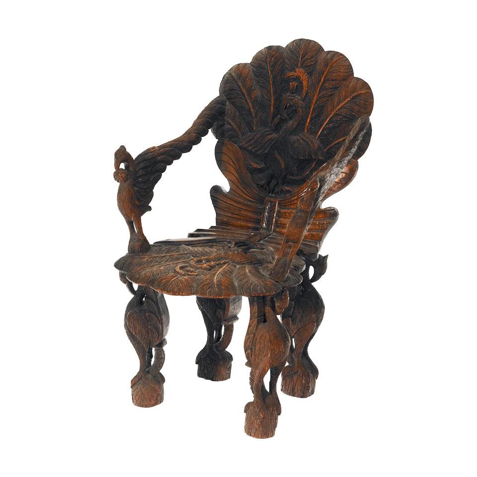 Eastern Carved Wood Bird Motif Open Arm Chair 