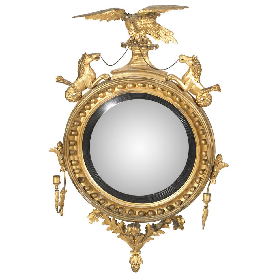 Regency Carved Giltwood Two Candle Girandole Convex Wall Mirror, 19th century