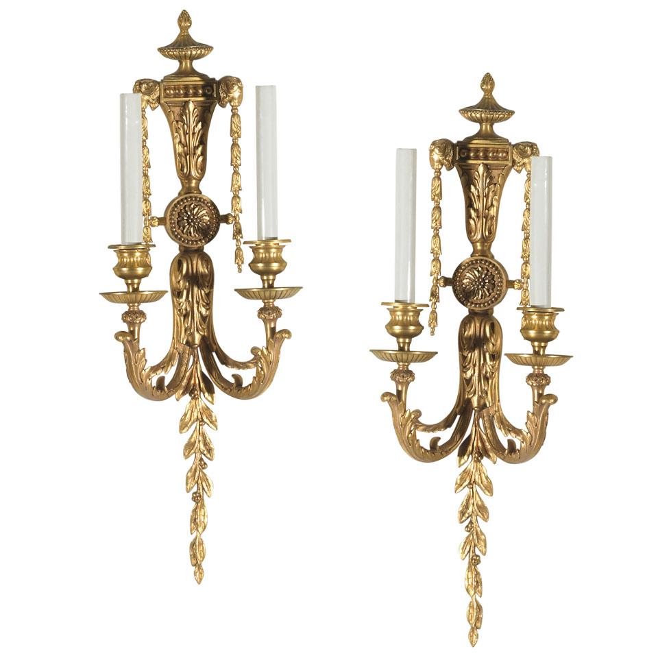 Pair Neoclassical Gilt Bronze Two Light Sconces, mid 20th century