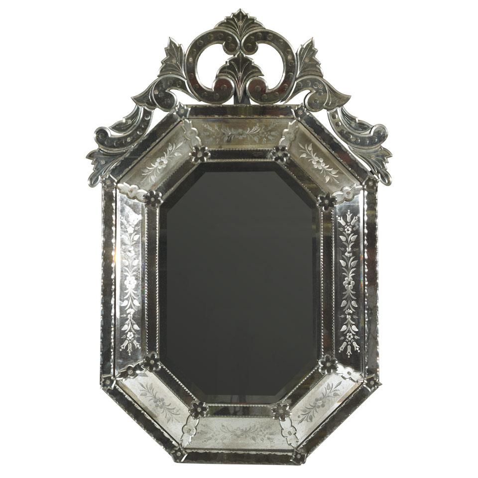 Venetian Etched Mirror Framed Cushion Mirror, early 20th century